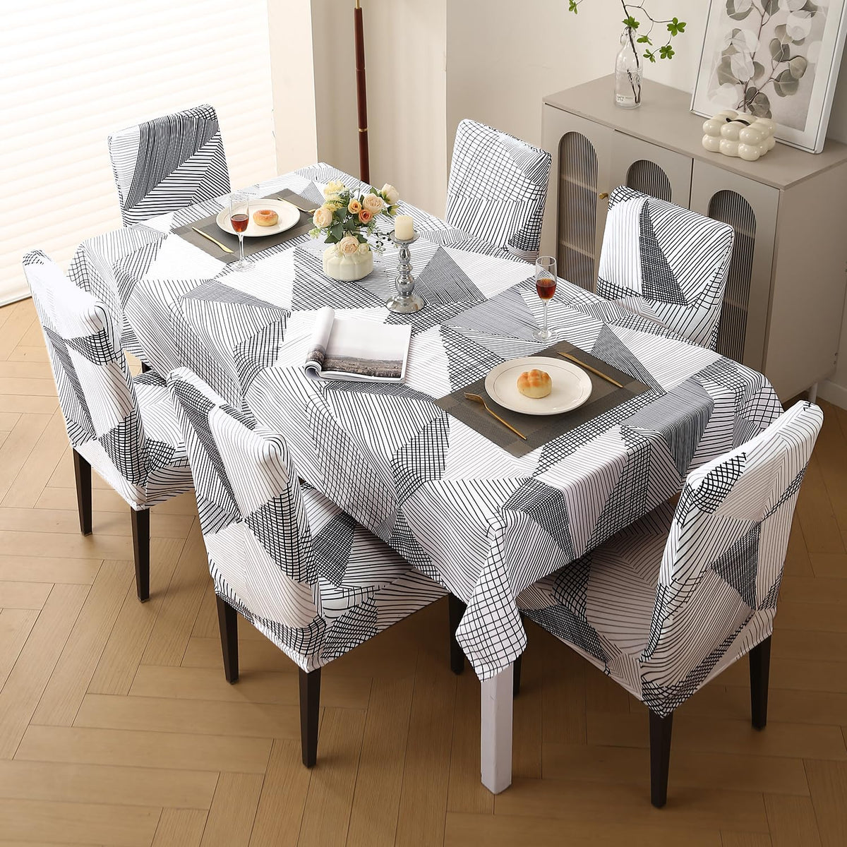 Elastic Dining Chair Covers with Matching Tablecloth, Snow White Black Geometry