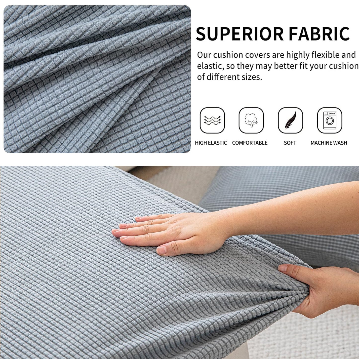 Stretchable Thick Jacquard Textured Seat Cushion Cover for 1/2/3 Seaters / Pieces for Sofa, Light grey