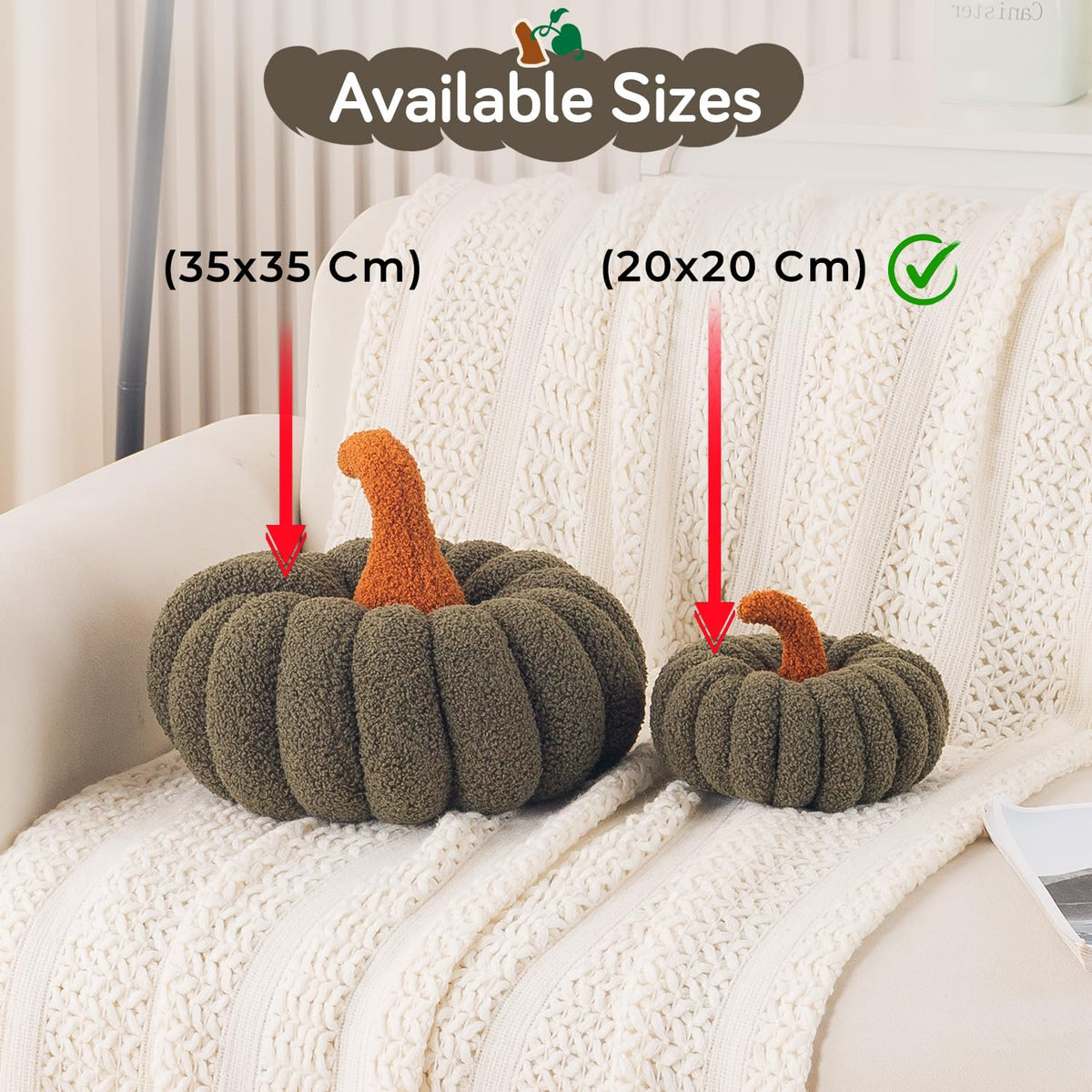 HOKIPO Pumpkin Shaped Throw Pillow for Party Decor, 20 cm, Olive Green