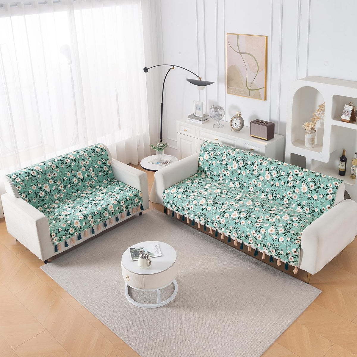 'Whispers of Nature' Series Holland Velvet Sofa Cover with Tassel, Sage Floral Vine