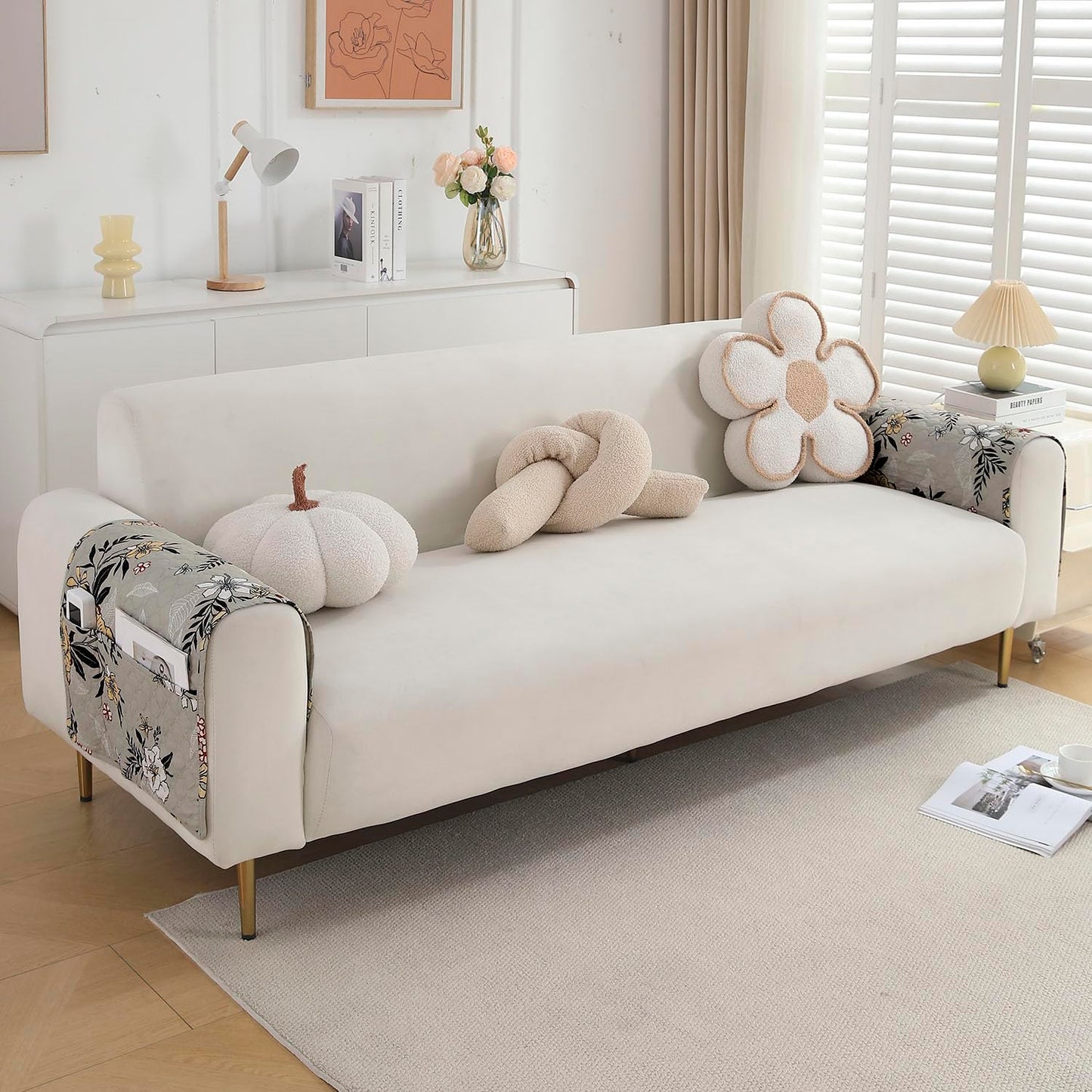 Polyester Printed Quilted Sofa Cover Mats, Floral Ash Grey