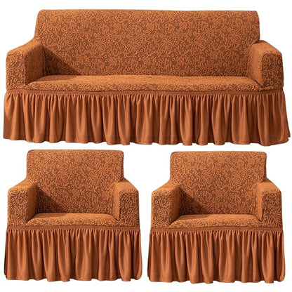 Caramel Brown elastic designer woven jacquard frill sofa cover 3 1 1