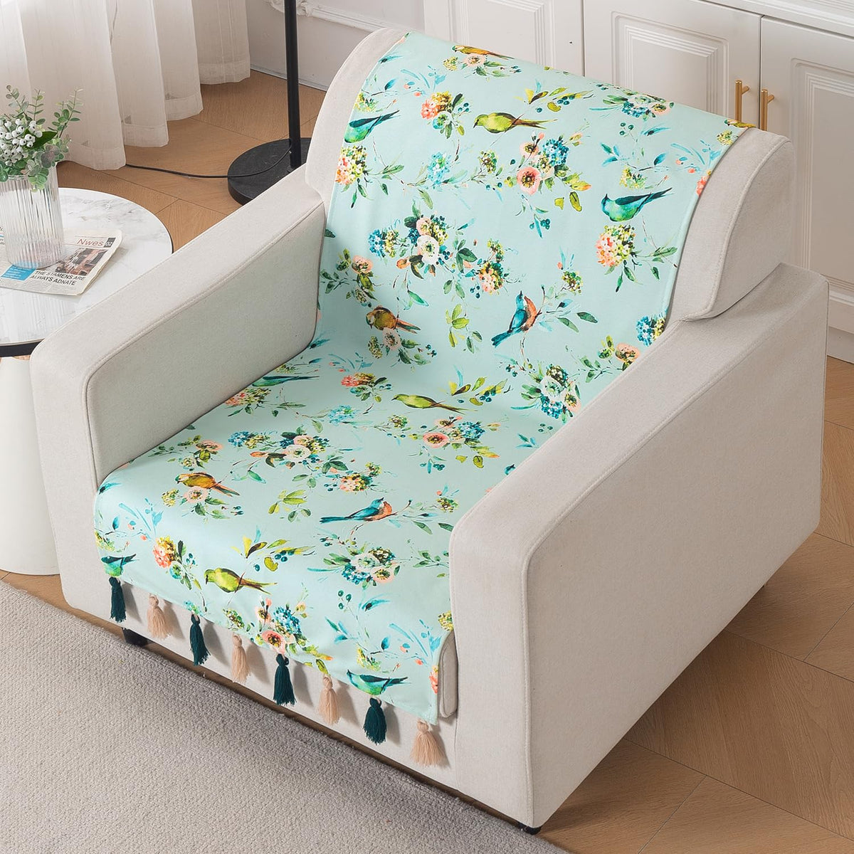 'Whispers of Nature' Series Holland Velvet Sofa Cover with Tassel, Mint Birdsong Blossom
