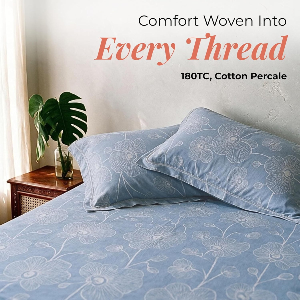HOKIPO Line Art 180 TC Cotton Percale Flat Bedsheet, King Size, Powder Blue - image 2