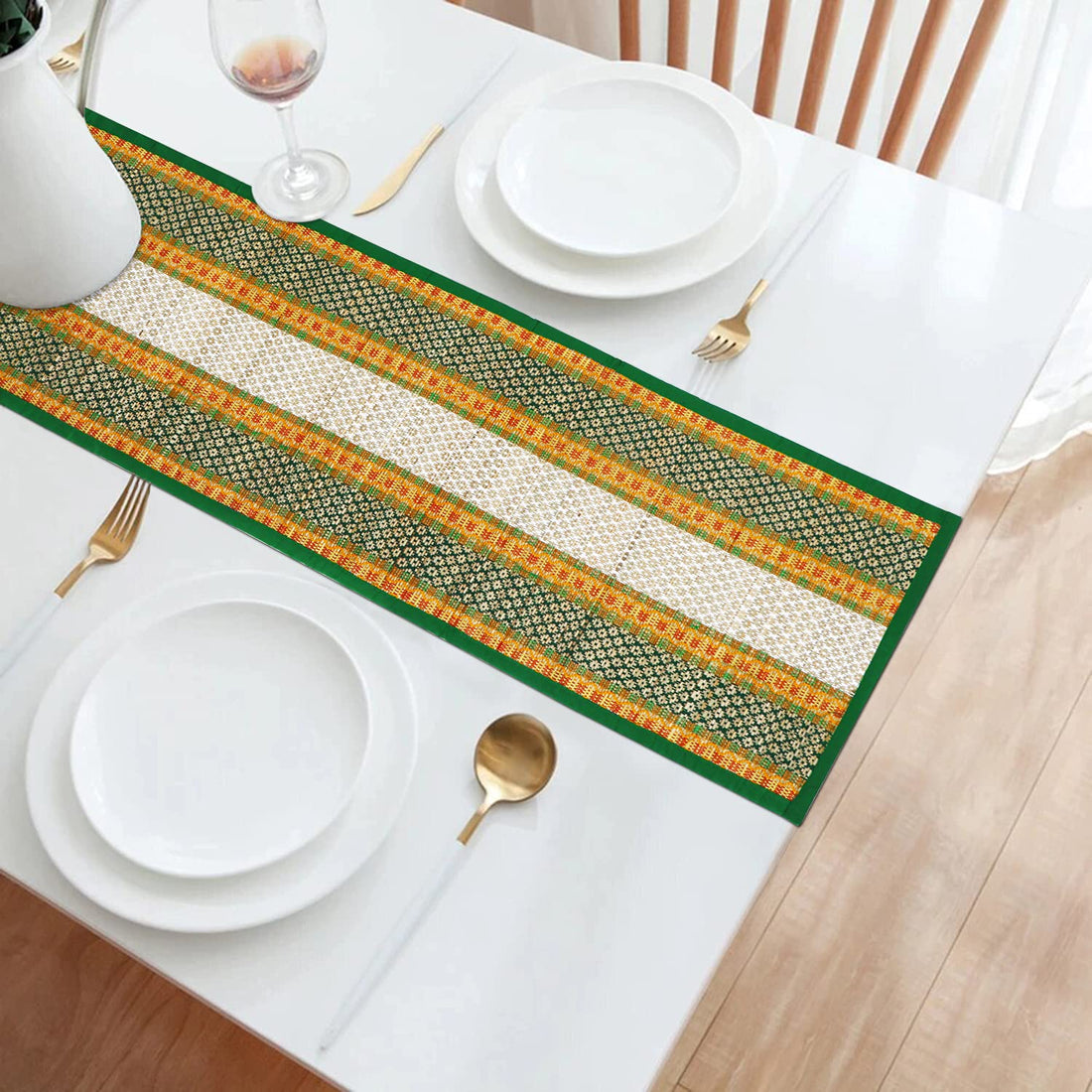 Buy Green Colour Handmade Madurkathi Dining Table Runner - HOKIPO | Har Ghar ka Humsafar