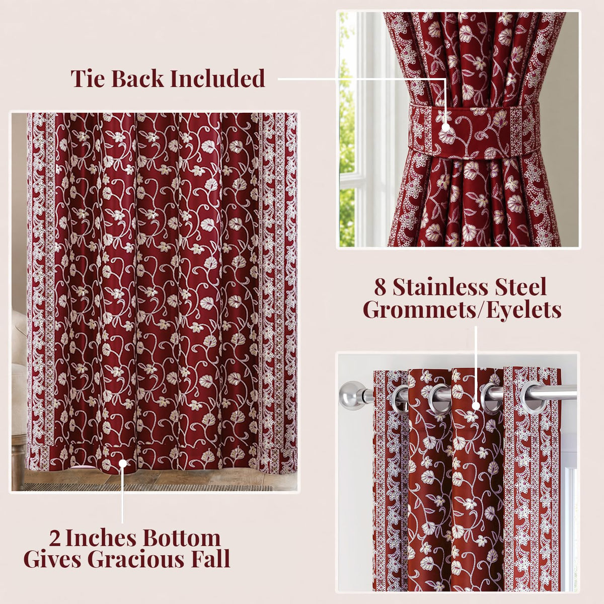 HOKIPO Shahi Bagh Eyelet Curtains, 7 Feet Long - Maroon - image 4