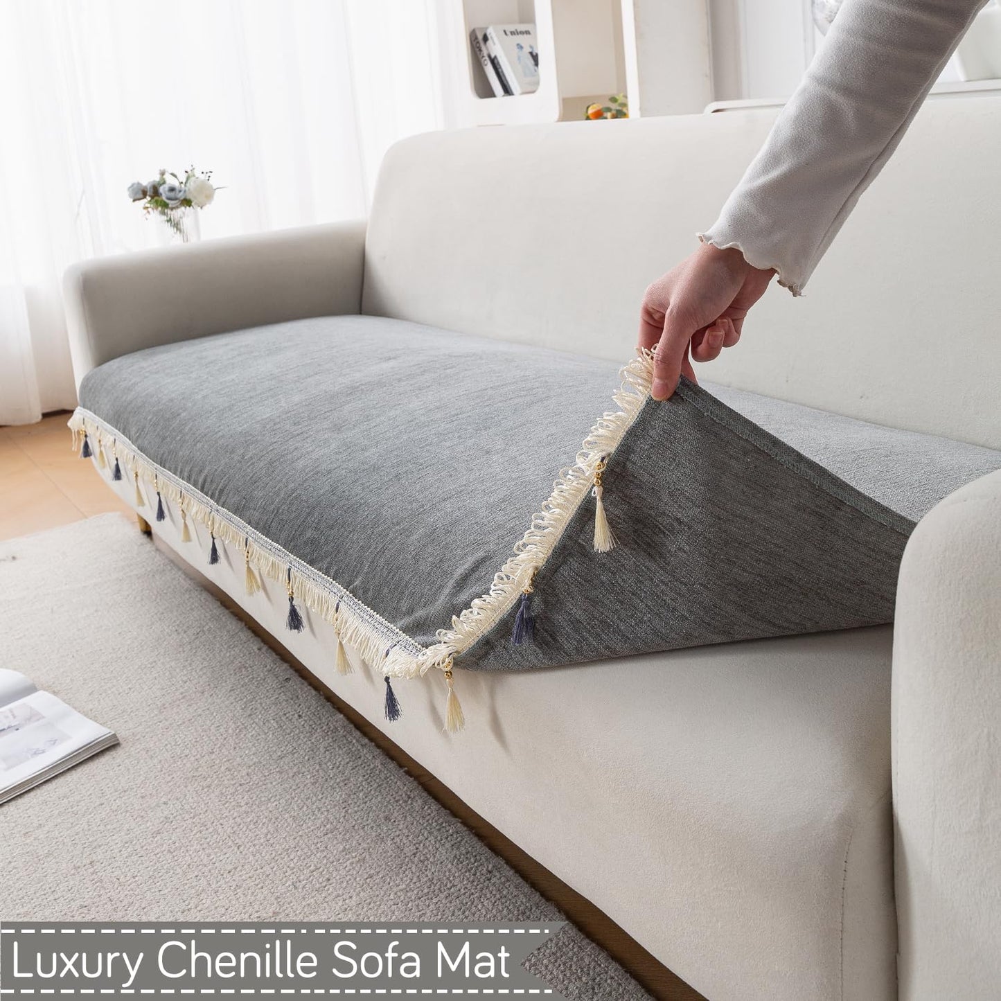Serenity Tassel Chenille Sofa Cover with Tassel – Glacier Silver