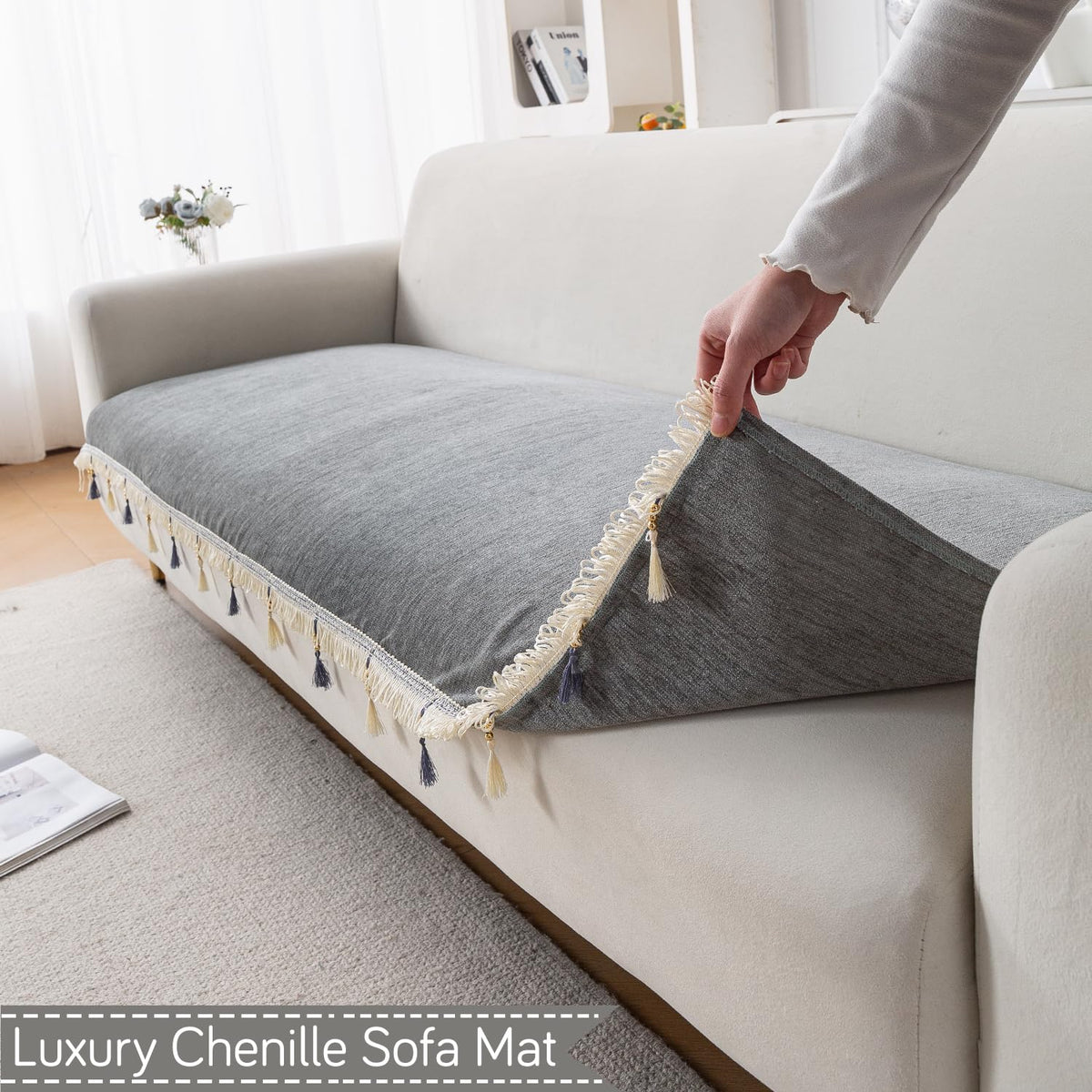 Serenity Tassel Chenille Sofa Cover with Tassel – Glacier Silver