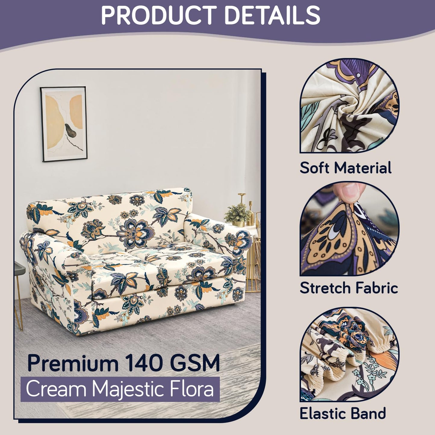 Printed Stretchable Sofa Slipcover with 1/2/3 Pc Separate Seat Cushion Cover for each 1/2/3 Seater, Cream Majestic Flora