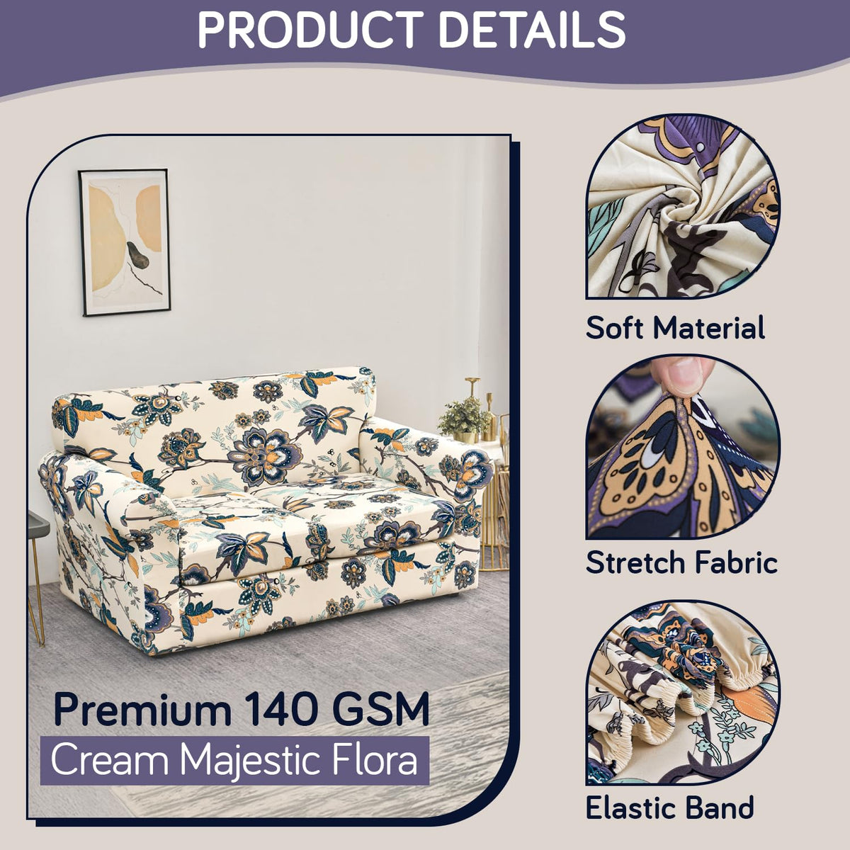 Printed Stretchable Sofa Slipcover with 1/2/3 Pc Separate Seat Cushion Cover for each 1/2/3 Seater, Cream Majestic Flora