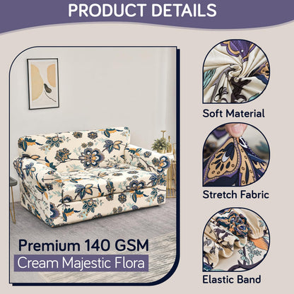 Printed Stretchable Sofa Slipcover with 1/2/3 Pc Separate Seat Cushion Cover for each 1/2/3 Seater, Cream Majestic Flora