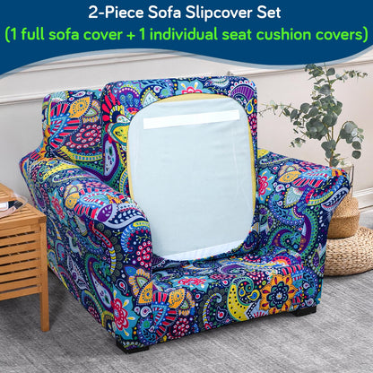 Printed Stretchable Sofa Slipcover with 1/2/3 Pc Separate Seat Cushion Cover for each 1/2/3 Seater, Saphire Boho Carnival