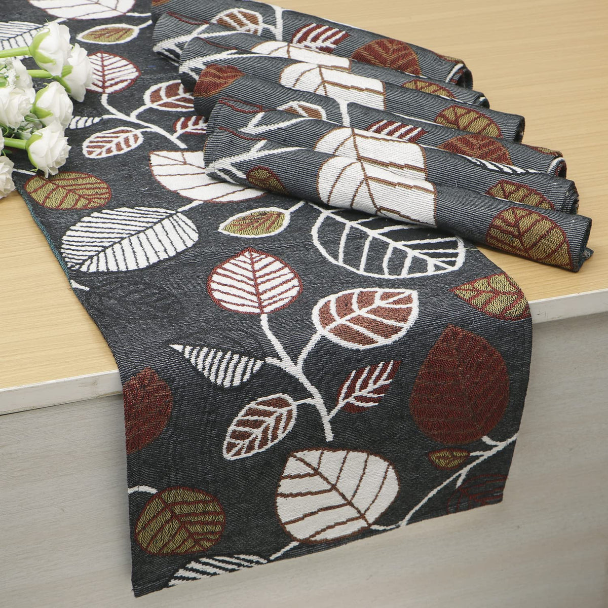 Cotton Jacquard Dining Table Mats, Grey Leaves