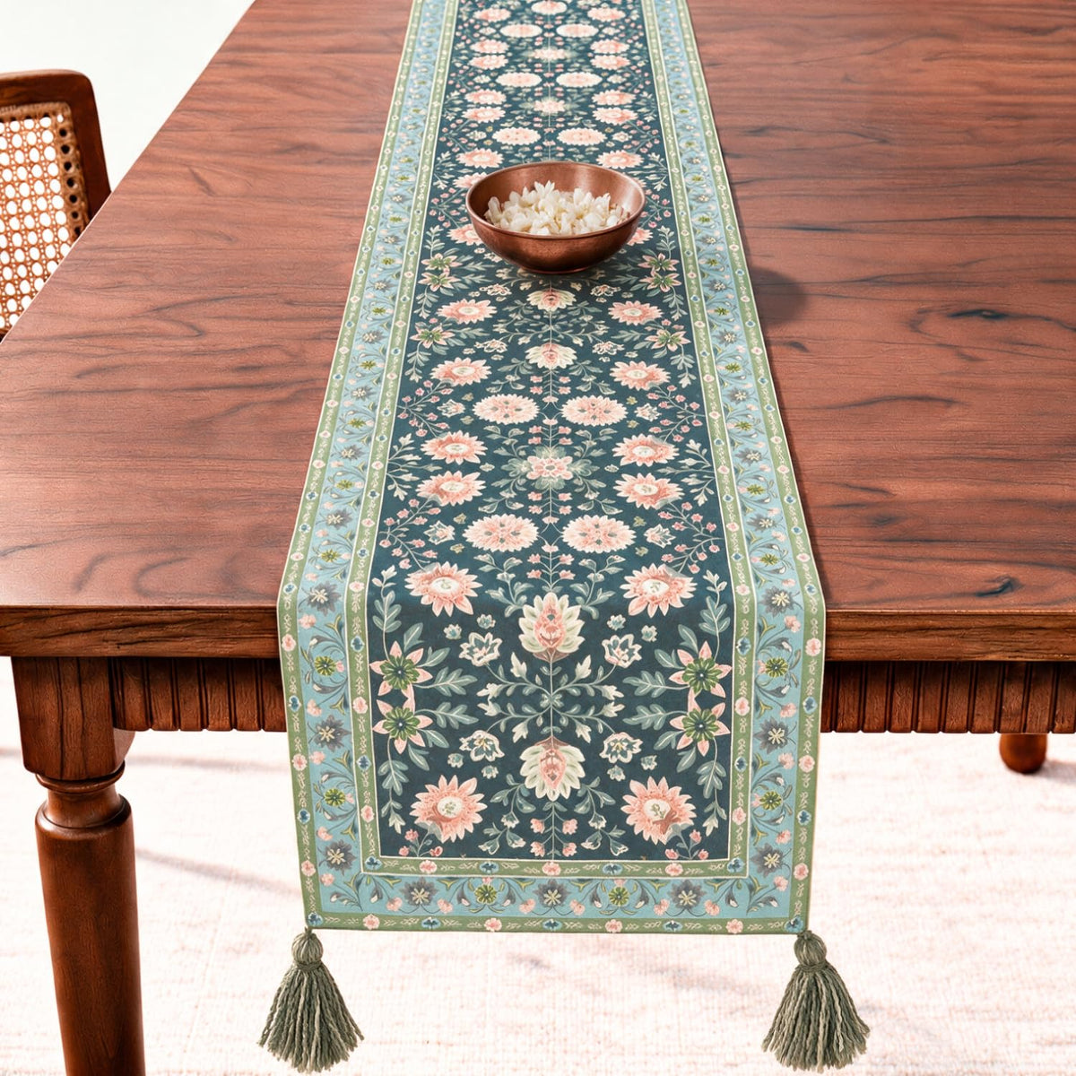 HOKIPO Floral Printed & Embroidered Table Runner, Charcoal Sage - image 1