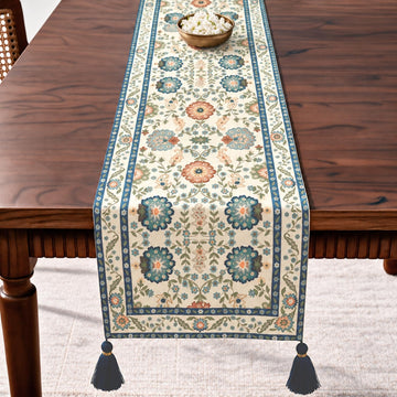 HOKIPO Floral Printed Table Runner with Embroidered Details, Ivory & Blue - image 1
