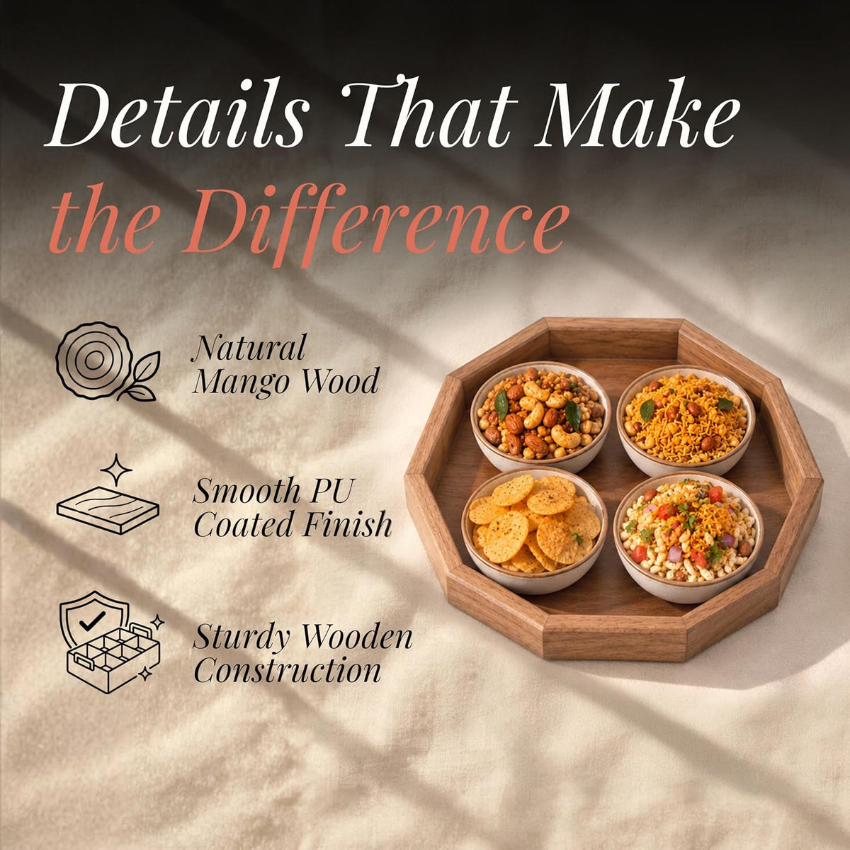 HOKIPO Arbor Mango Wood 10 Sided Serving Tray with Raised Edge, 28 cm - image 3