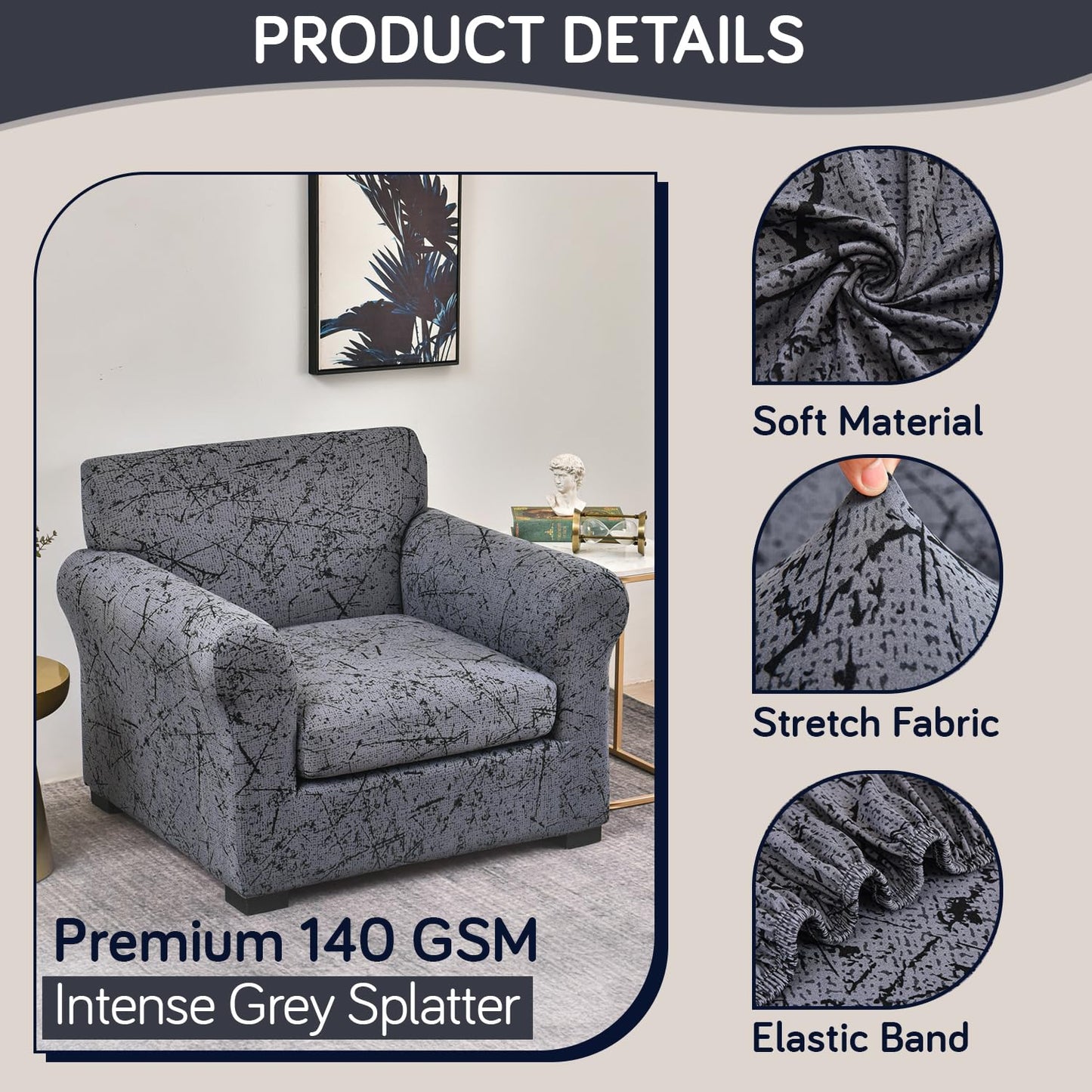 Printed Stretchable Sofa Slipcover with 1/2/3 Pc Separate Seat Cushion Cover for each 1/2/3 Seater, Intense Grey Splatter