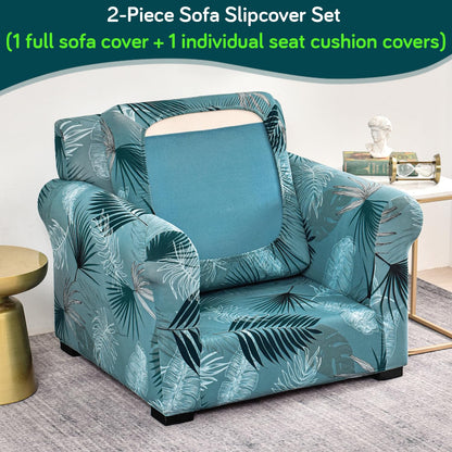 Printed Stretchable Sofa Slipcover with 1/2/3 Pc Separate Seat Cushion Cover for each 1/2/3 Seater, Aqua Palm Whisper
