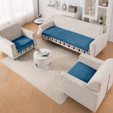 Premium Holland Velvet 5-Seater Sofa Cover (3+1+1), TasselTone Series | Sea Blue