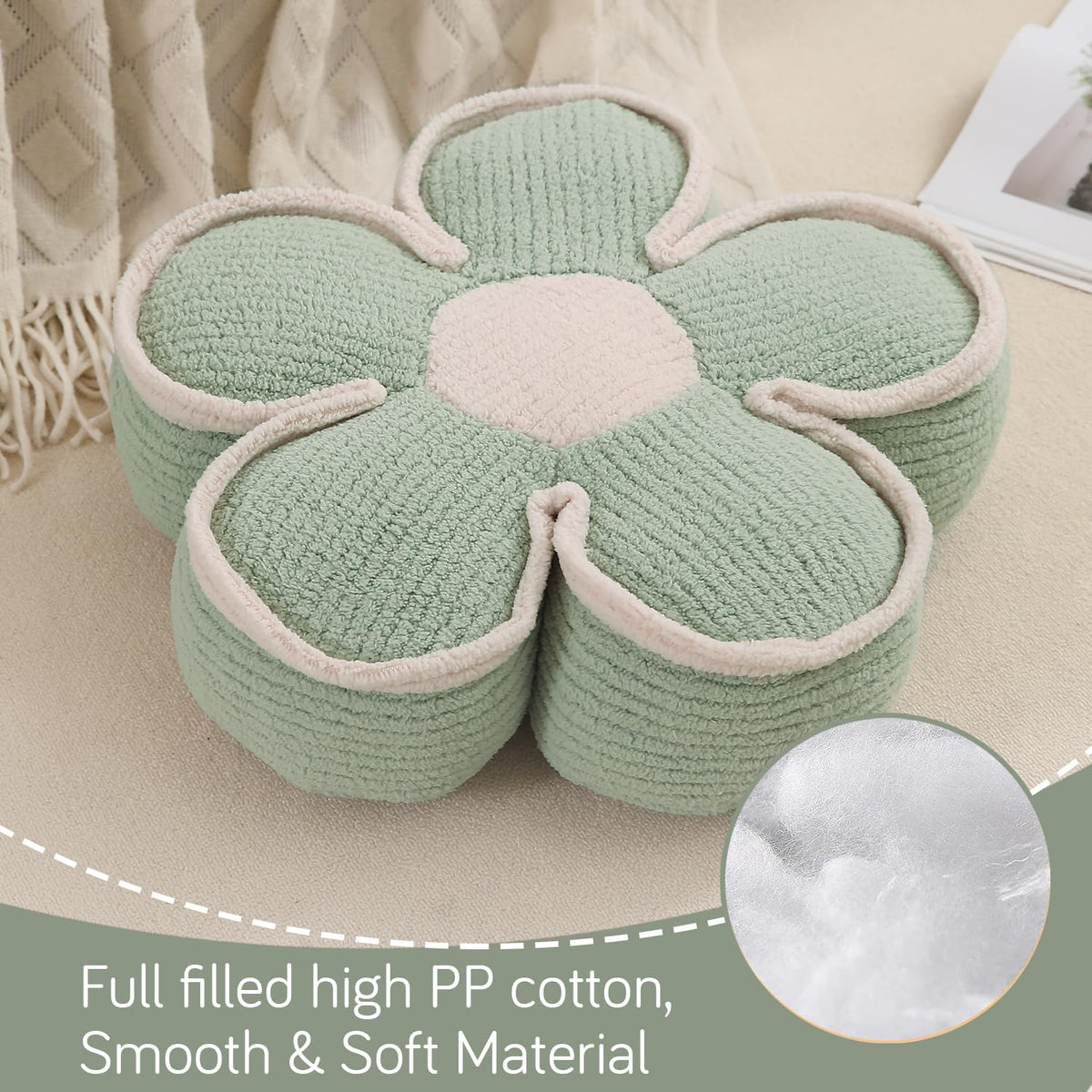 HOKIPO Plush Cotton Flower Cushion | Decorative Throw Pillow for Bed & Sofa - Sage Green