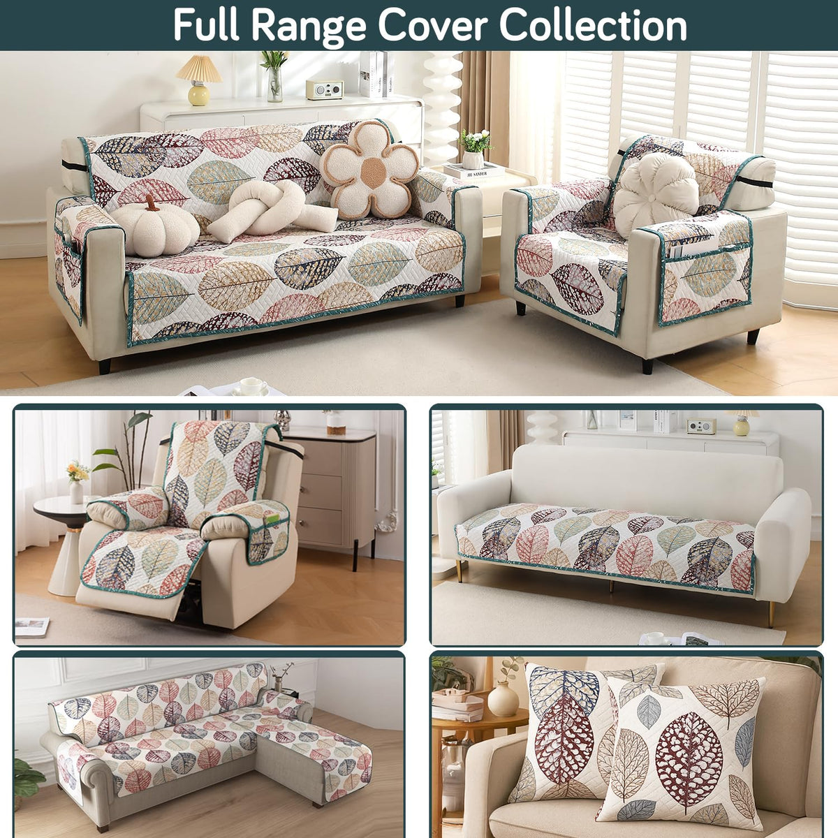 'Homehues' Printed Quilted Sofa Cover Mats, Multicolor Linden Leaf