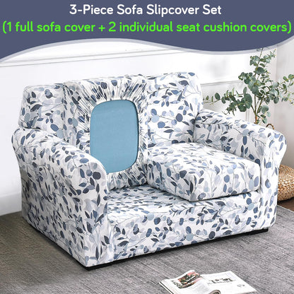 Printed Stretchable Sofa Slipcover with 1/2/3 Pc Separate Seat Cushion Cover for each 1/2/3 Seater,Frost Blue Foilage