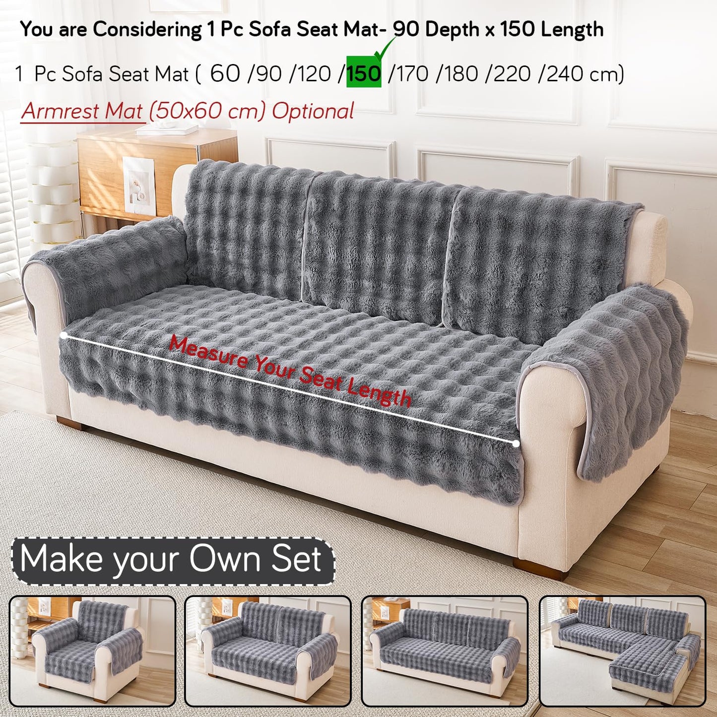 'FurHug' Premium Faux Rabbit Fur Sofa Seat Mats, Cool Grey