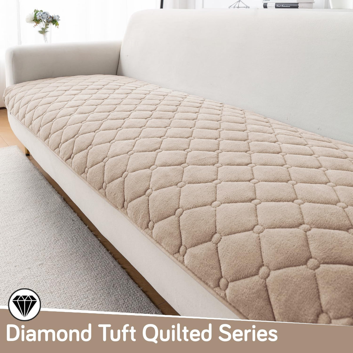 Diamond Tuft Quilted 5-Seater Sofa Mat (3+1+1), Anti-Slip, Warm Taupe