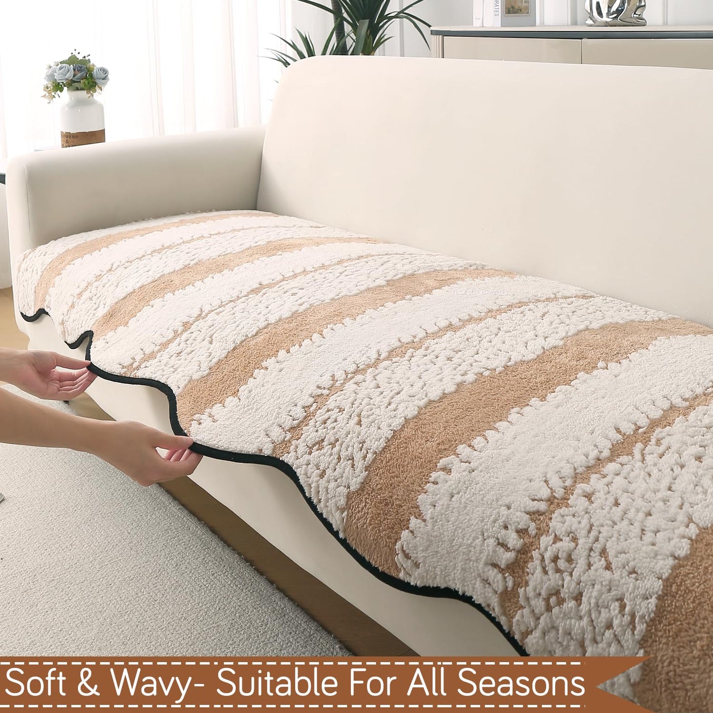 Luxury Wavy Anti Slip Plush Sofa Cover Mat, Desert Brown