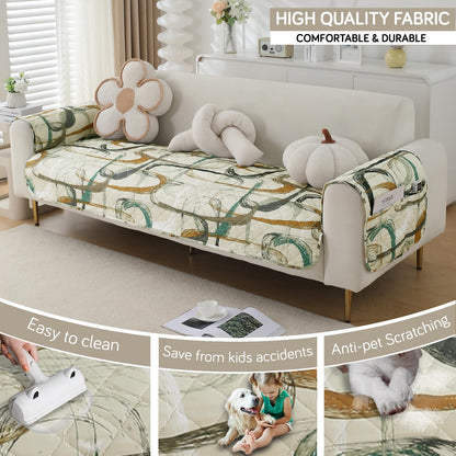 Waterproof Quilted Sofa Seat Mat for 1/2/3 Seater with 2 Armrest Covers with Pockets, Parchement Beige Abstract Art