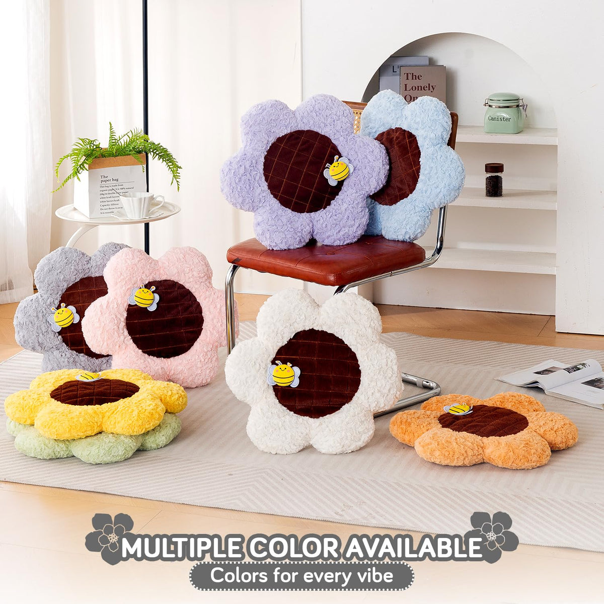 HOKIPO Sunflower Bee Cushion for Sofa & Bed, 50 cm, White