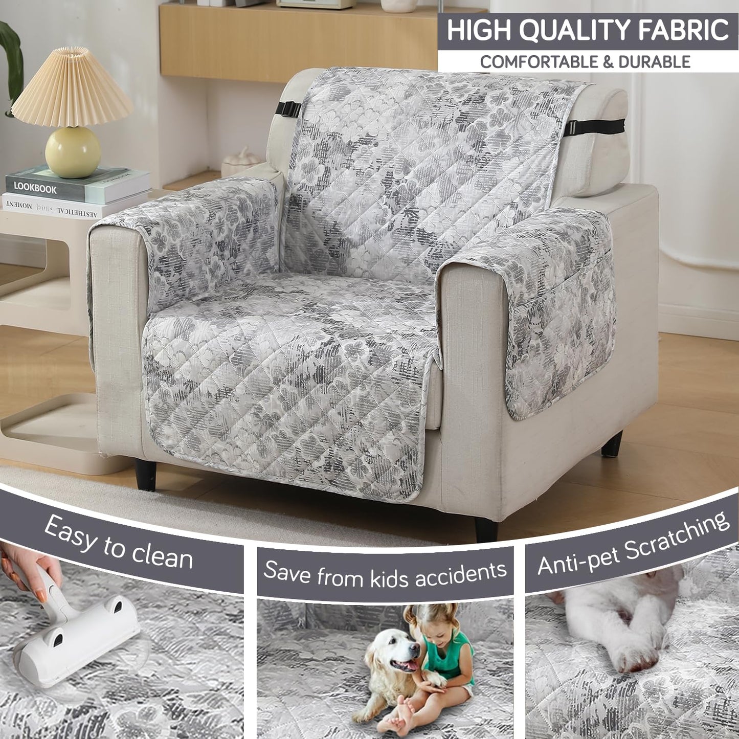 Quilted Waterproof Sofa Cover Mat with Pockets on Armrest Cover - Abstract Pale Grey