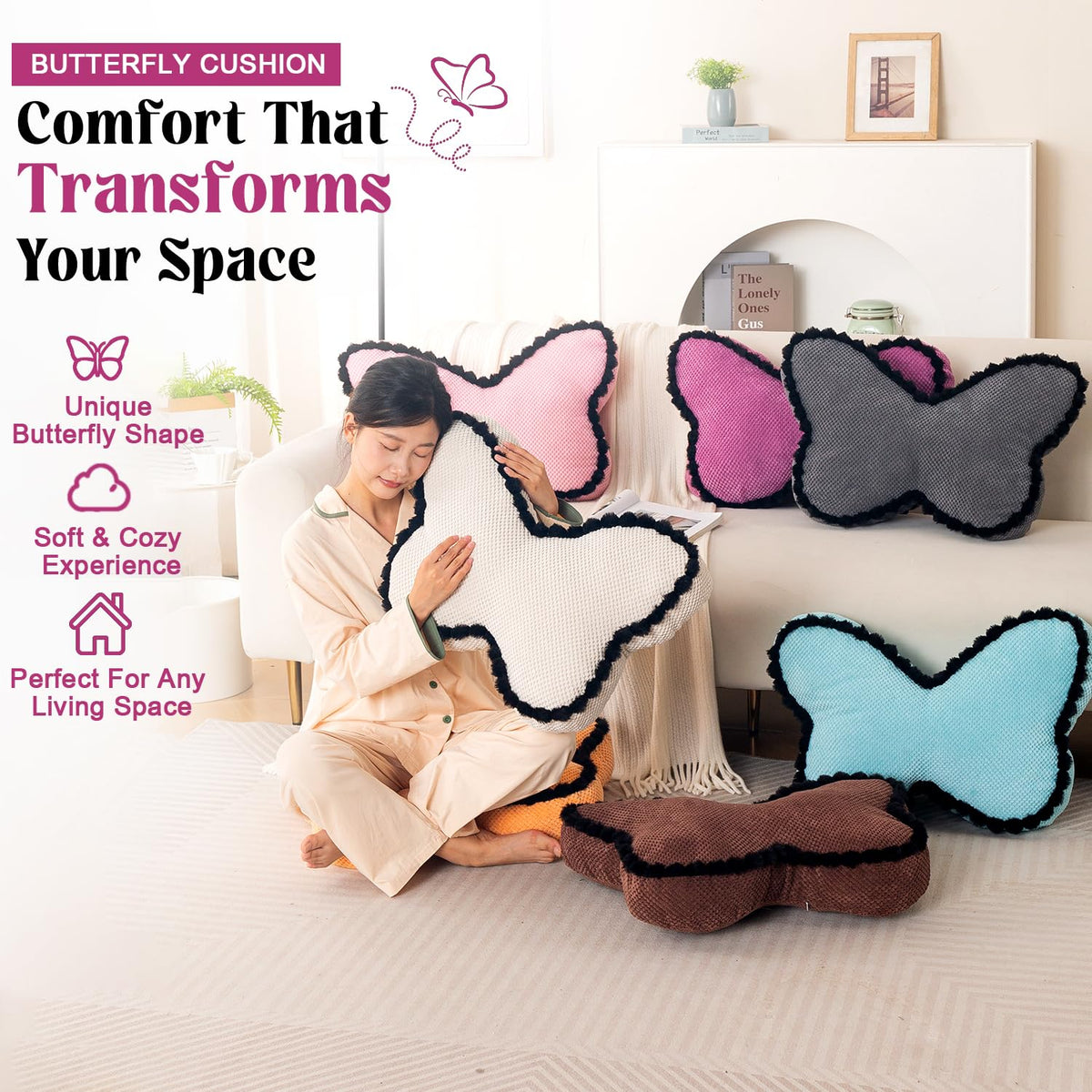 HOKIPO Butterfly Shaped Cushion for Kids Room & Sofa, 53x33 cm, Beige