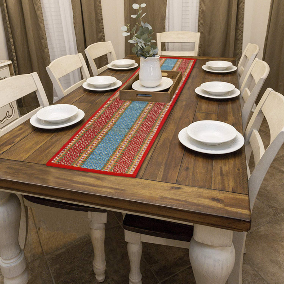 Buy Red Colour natural handmade Madurkathi table runner for 4 & 6 seater tables | HOKIPO