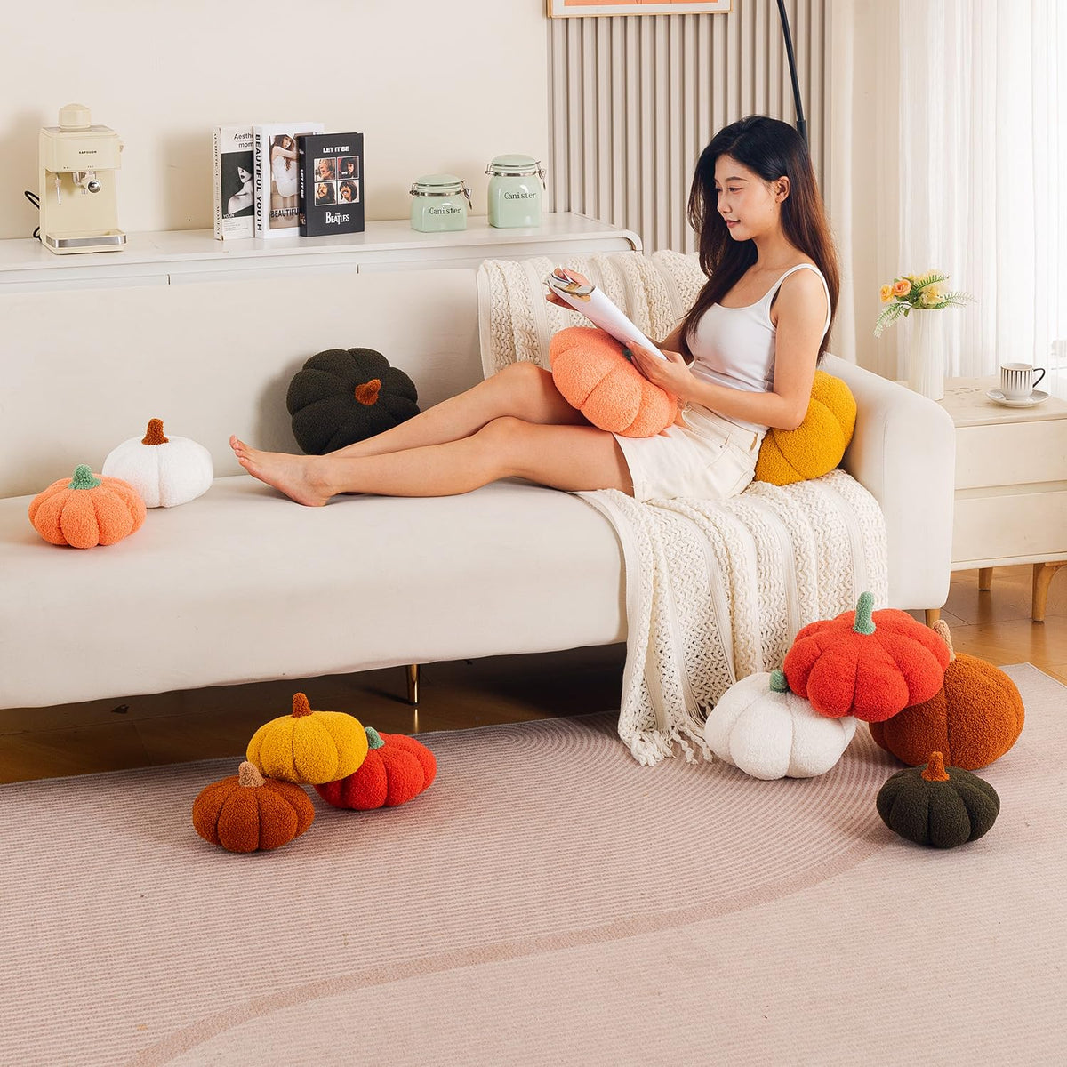 HOKIPO Pumpkin Shaped Plush Cushion for Autumn Decor, 19 cm, Orange