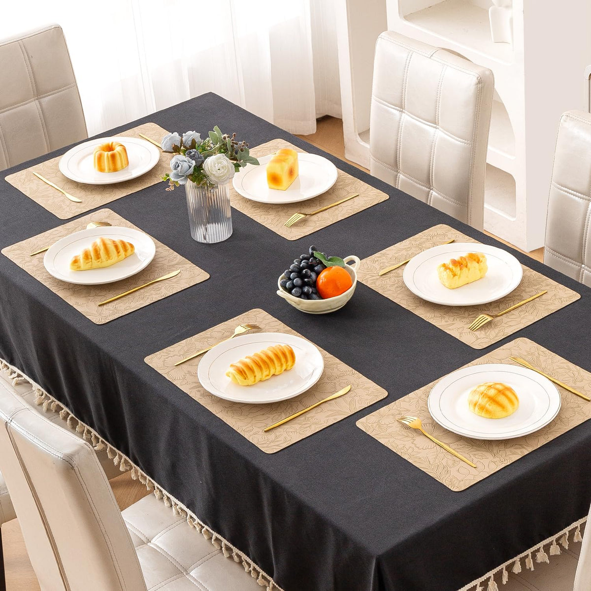 Hibiscus Bloom Washable Leather Mats for Dining Table - Sand Beige