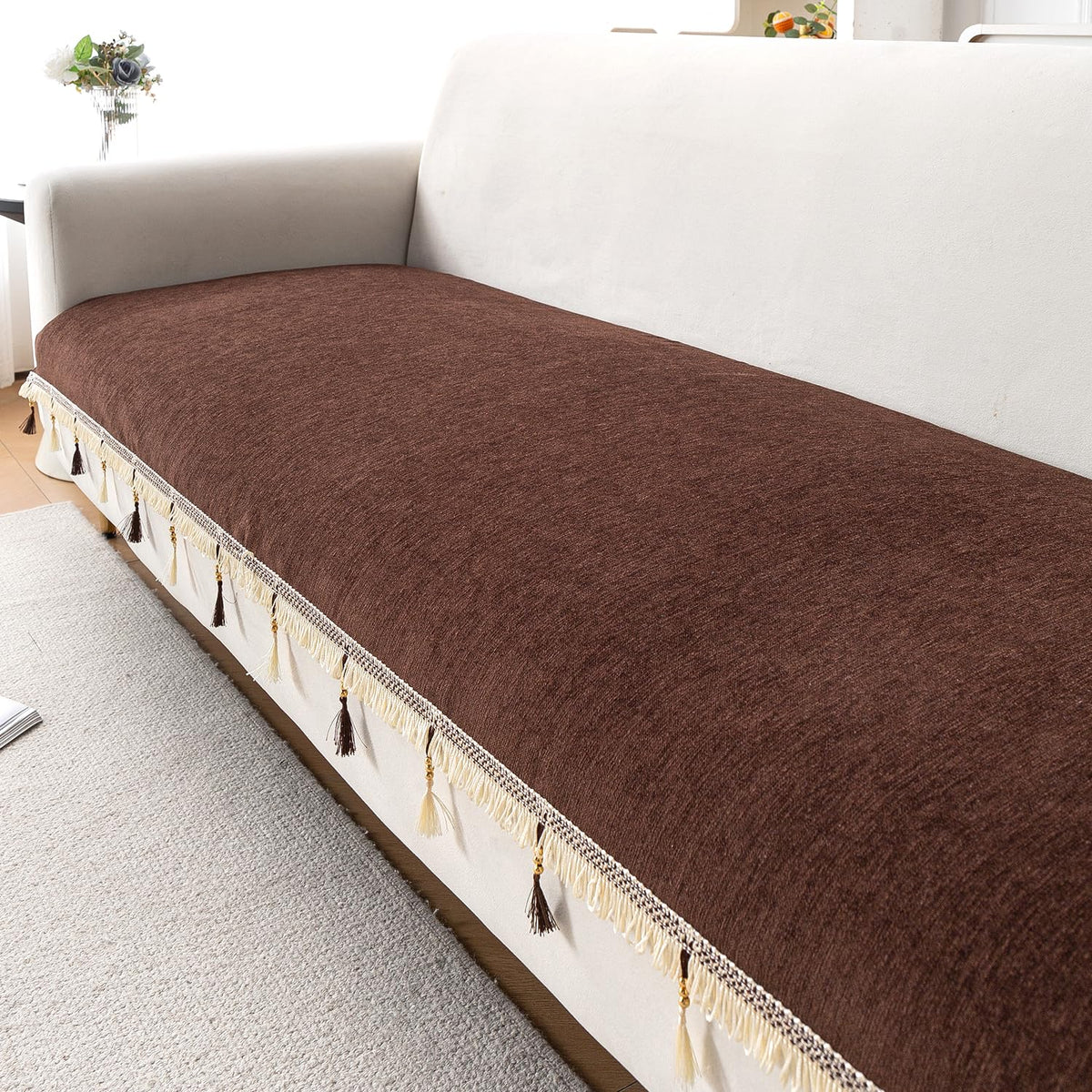 Serenity Tassel Chenille Sofa Cover with Tassel – Chestnut Luxe
