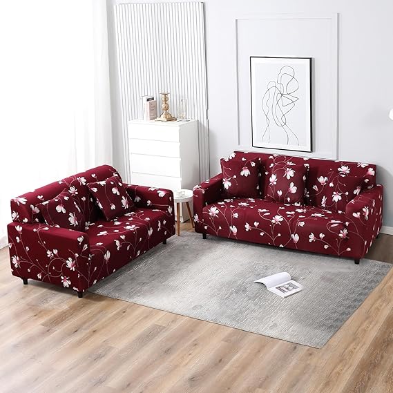 Elastic Stretchable Printed Sofa Cover, Wine Red Flowers