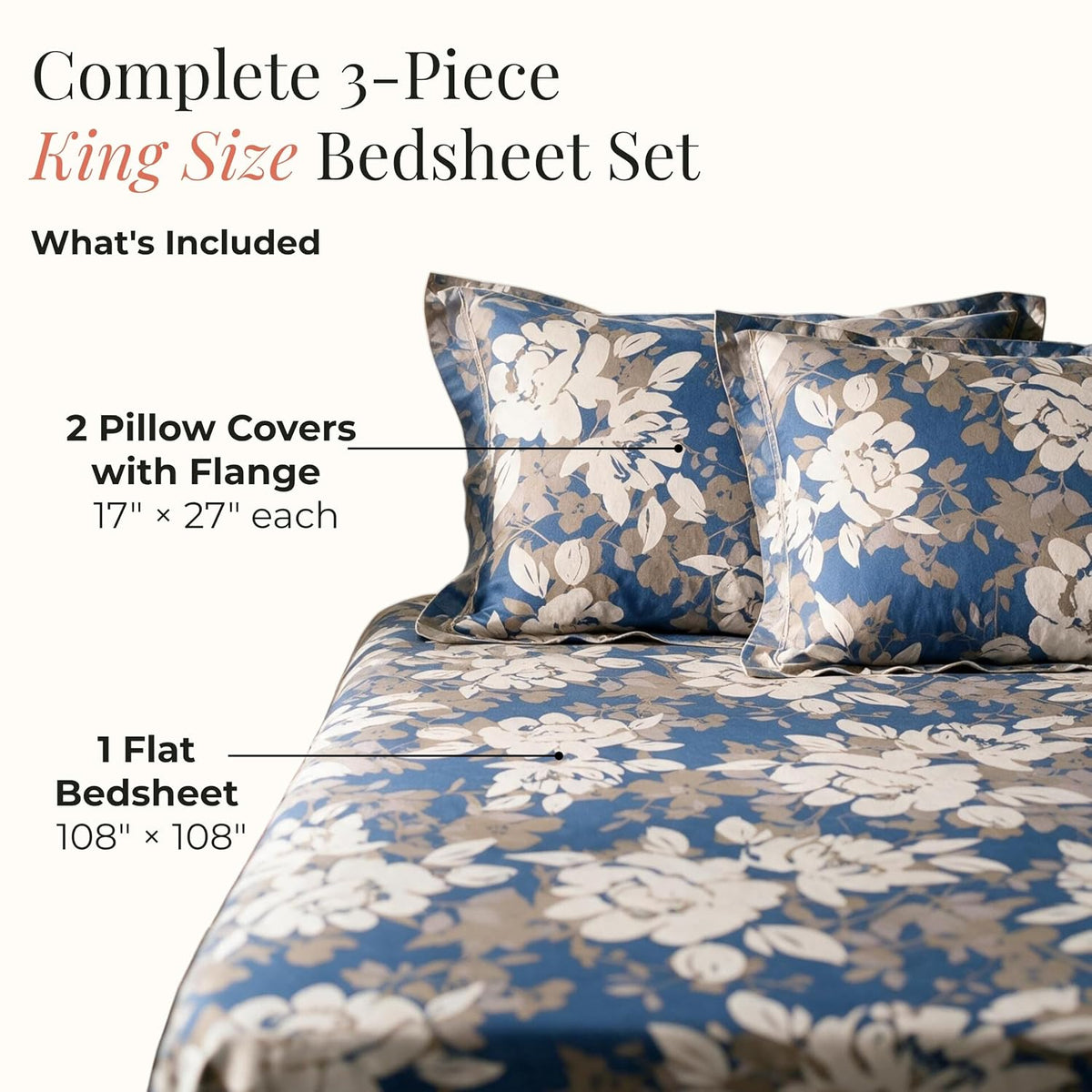 HOKIPO Floral 210 TC Cotton Sateen Flat Bedsheet, King, Beige & Ivory - image 5
