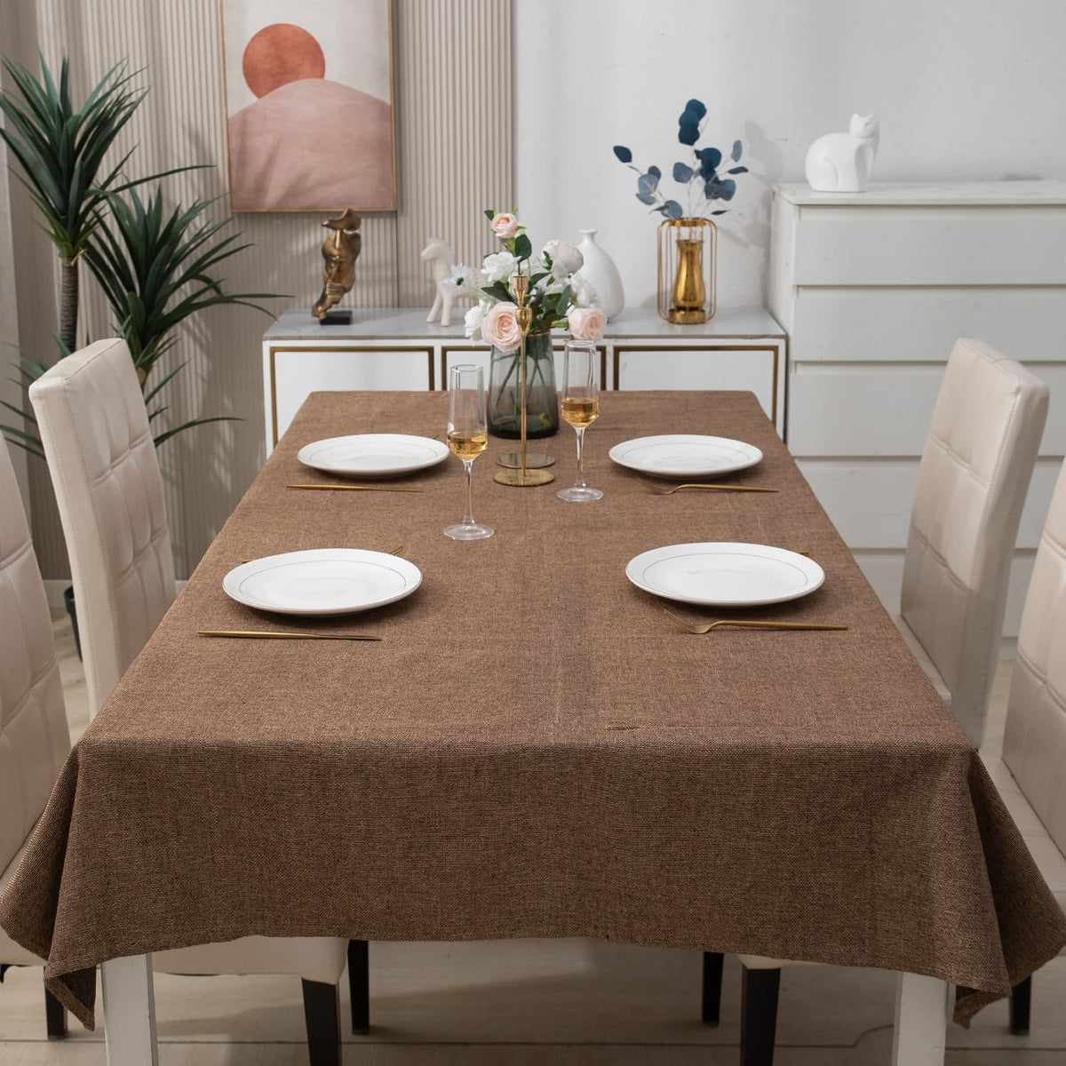 Buy Brown Colour Poly Jute Tablecloth Online | HOKIPO