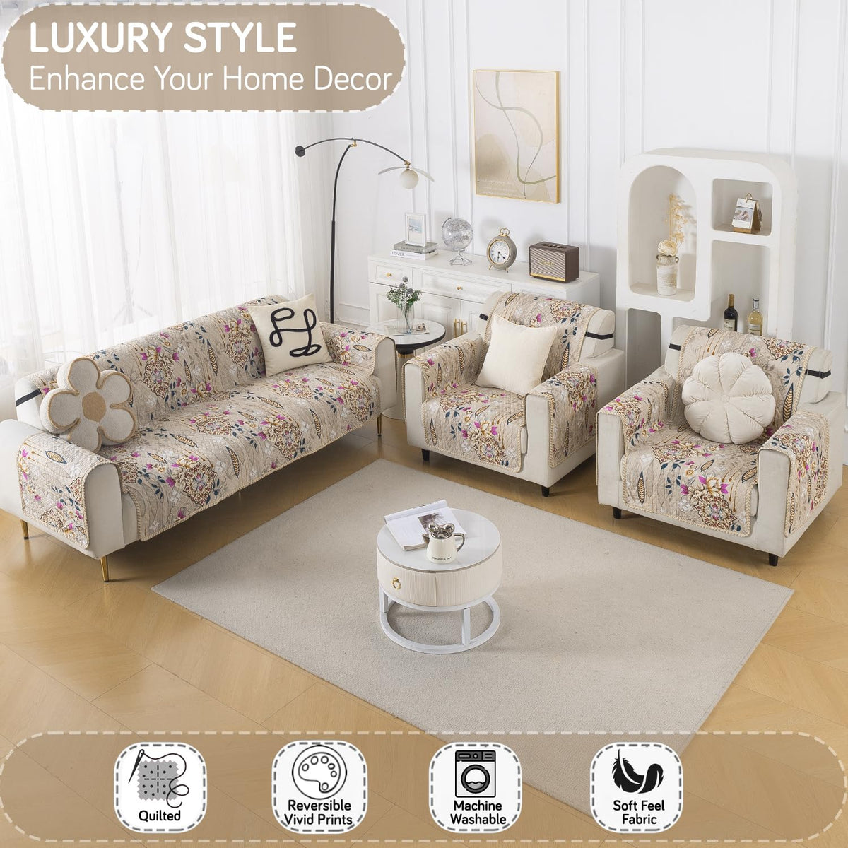 Easy Drape Reversible Quilted 5-Seater Sofa Cover (3+1+1), Garden Classic
