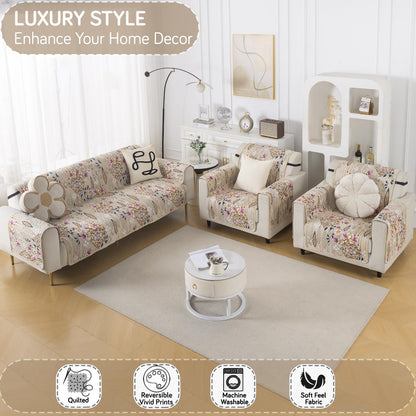 Easy Drape Reversible Quilted 5-Seater Sofa Cover (3+1+1), Garden Classic