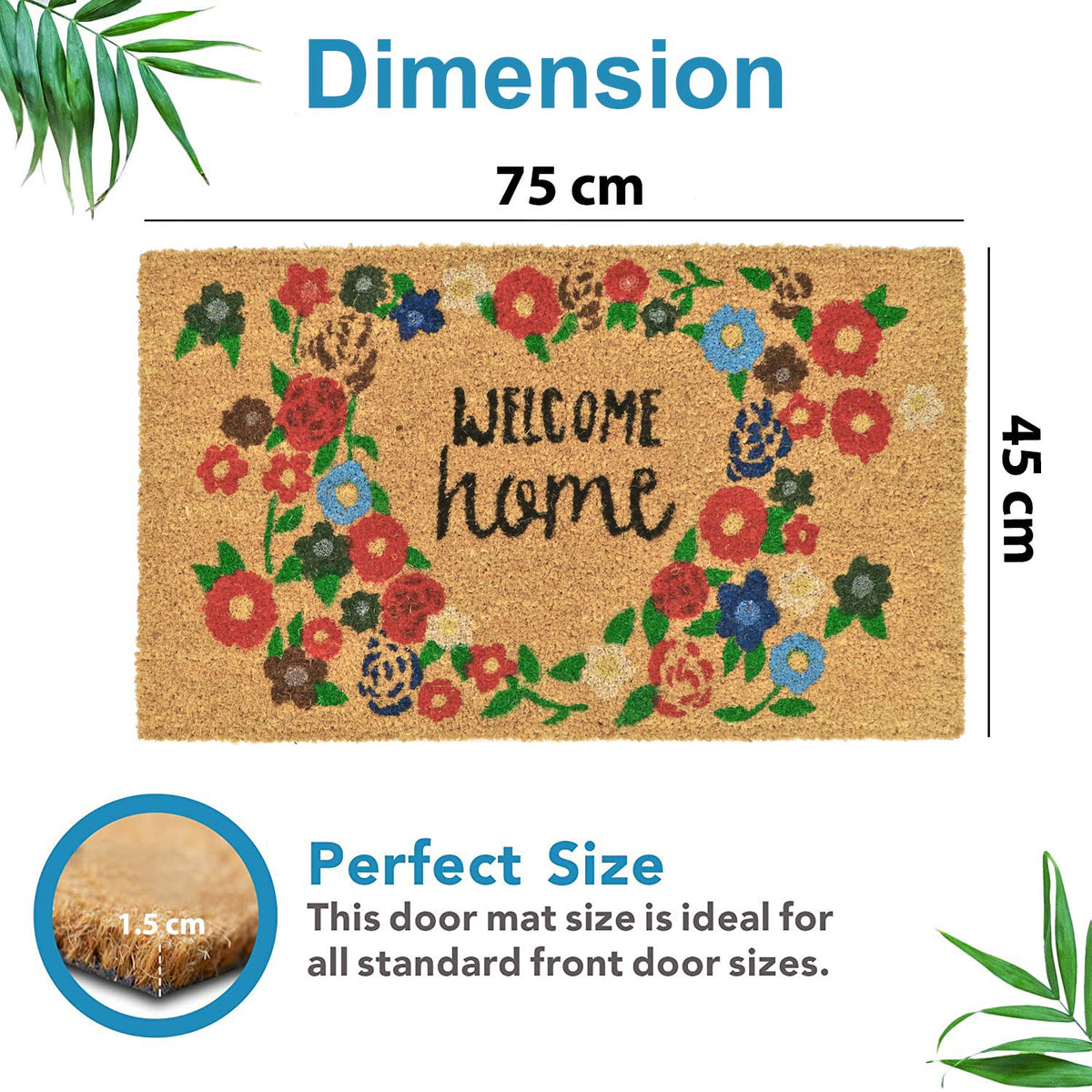 Large 45X75Cm Coir Doormats For Entrance With Antiskid Pvc Backing, Multicolor ( Rectangular)