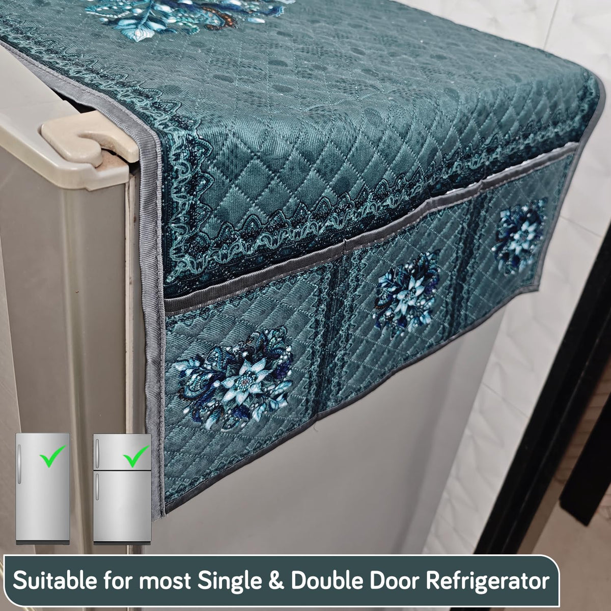 Eternal Floral Printed Quilted Fridge Top Cover with side Pockets - Icy Floral