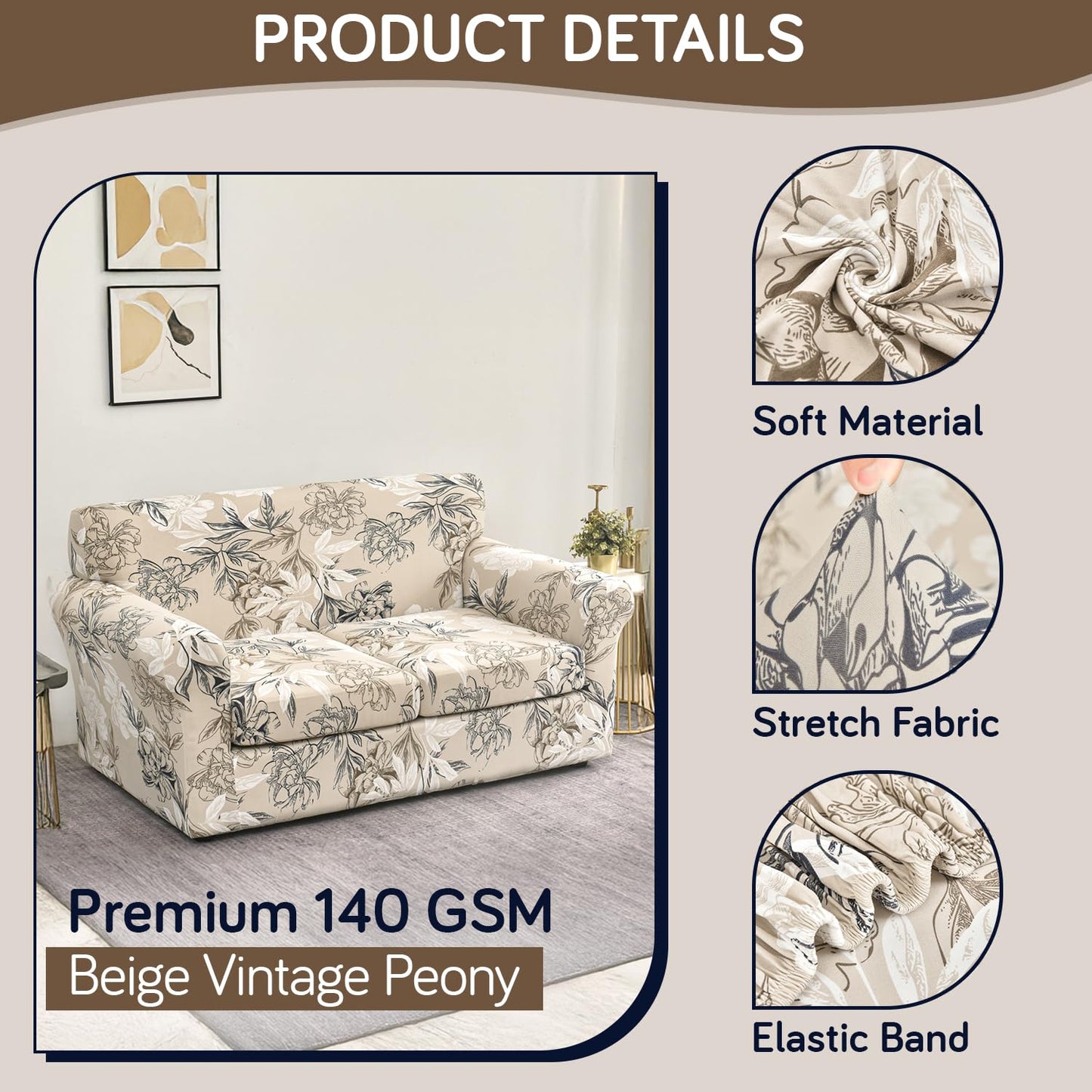 Printed Stretchable Sofa Slipcover with 1/2/3 Pc Separate Seat Cushion Cover for each 1/2/3 Seater, Beige Vintage Peony