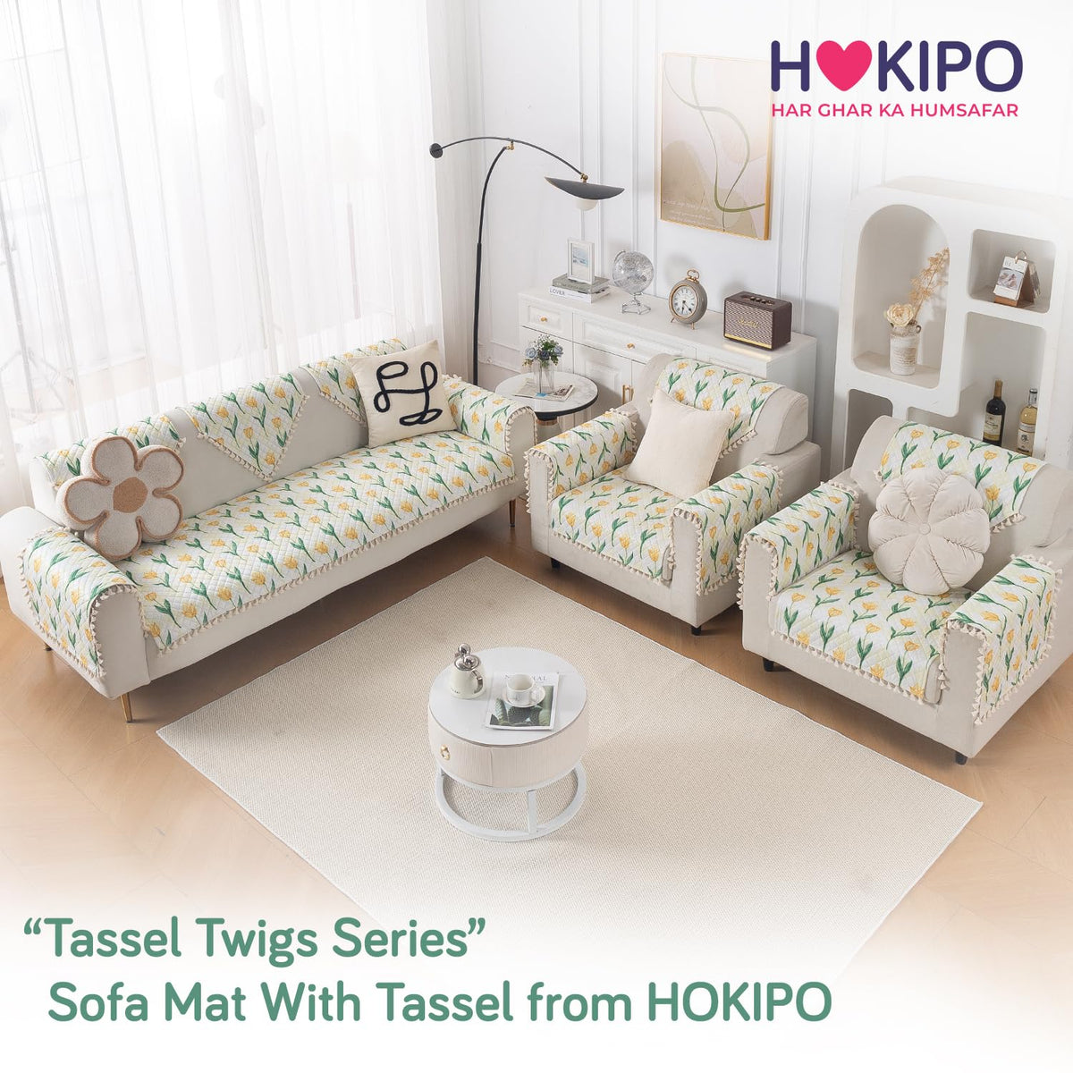 Quilted Sofa Seat Mat for 5-Seater Sofa (3+1+1), Tassel Twigs | Tulip Blossom