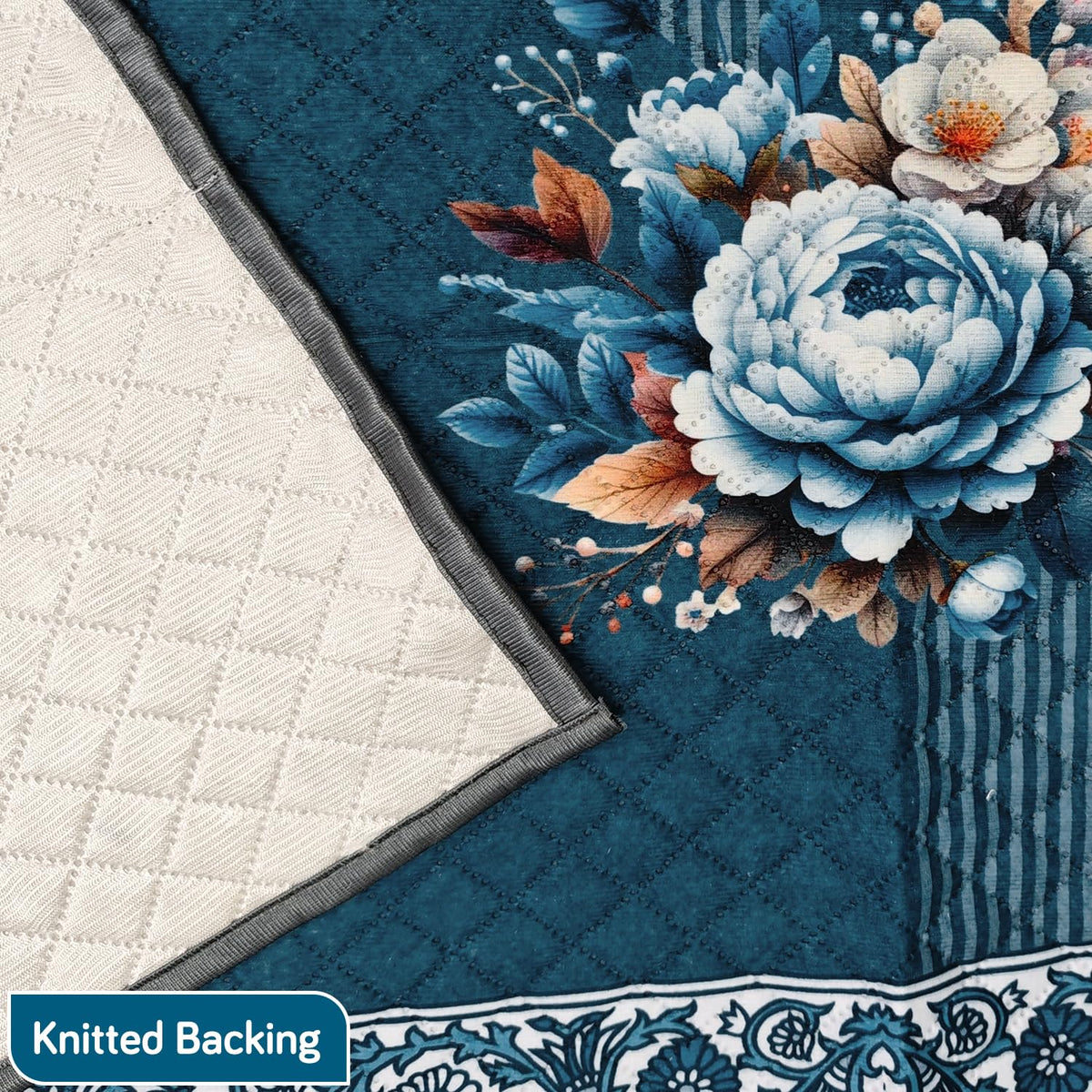 Eternal Floral Printed Quilted Fridge Top Cover with side Pockets - Ocean Blossom