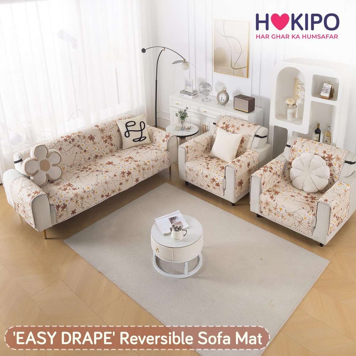 Easy Drape Reversible Quilted 5-Seater Sofa Cover (3+1+1), Golden Bloom