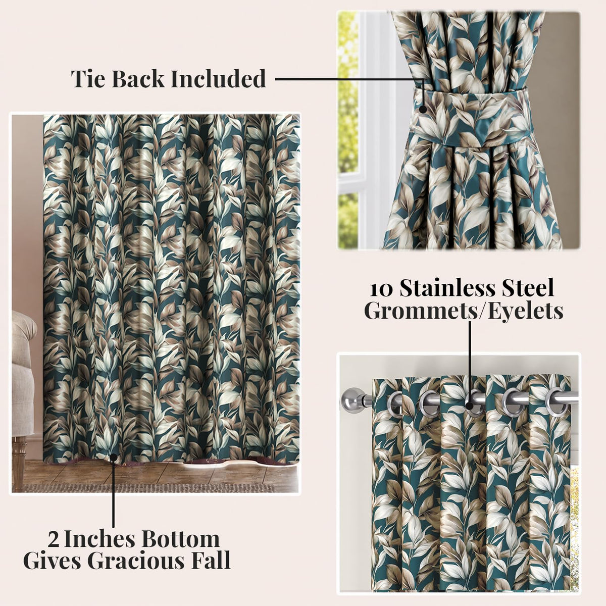 HOKIPO Shade Garden Curtains, 7 Feet Long - Silver Leaf Teal Blue - image 3
