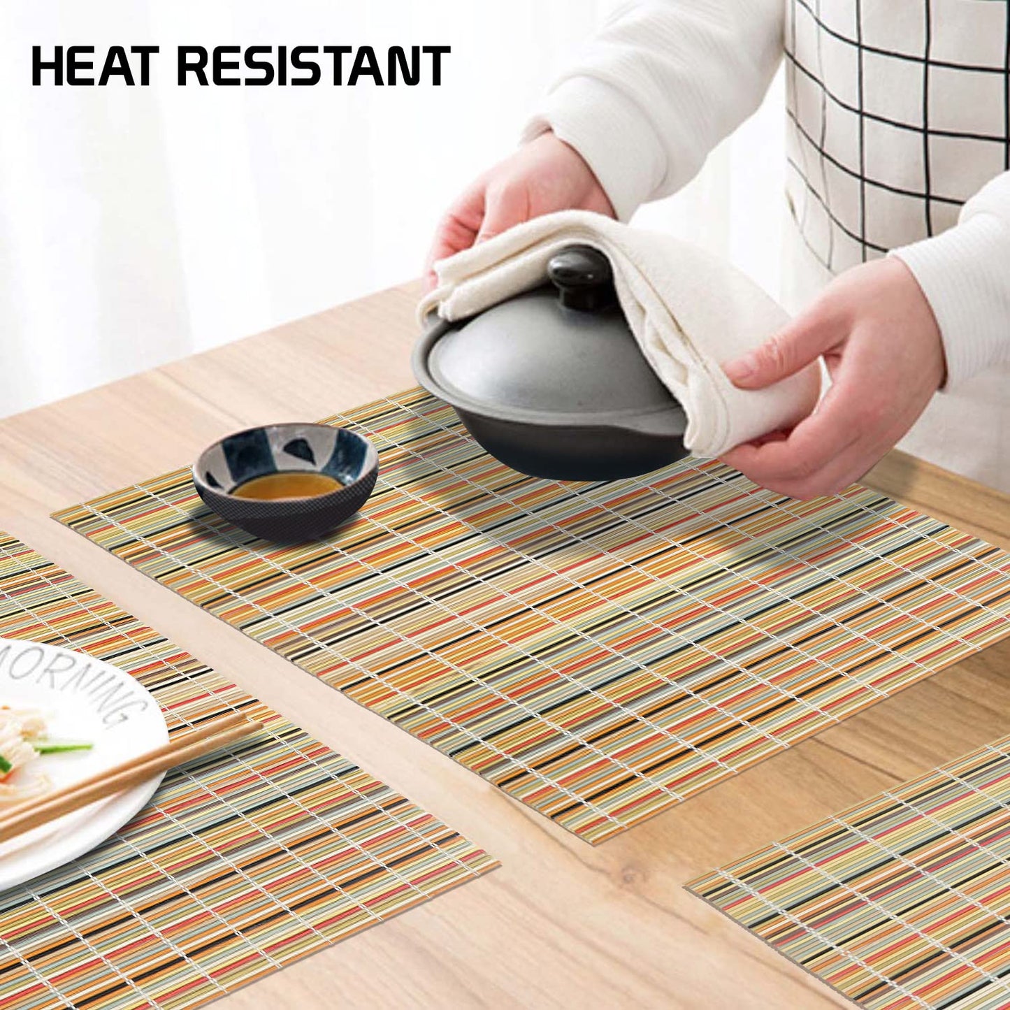 Reversible Bamboo Table Mats for Dining Table, Set of 6 Placemats, 45x30 cm, Rainbow Stripes